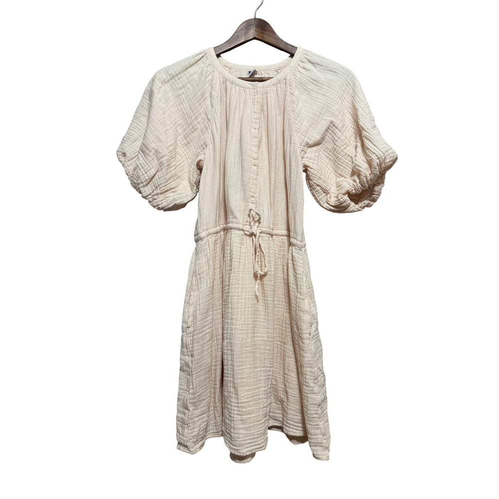 Old Navy Gauze Puff Sleeve Dress Womens S‎ Cream Excellent Drawstring Pocket